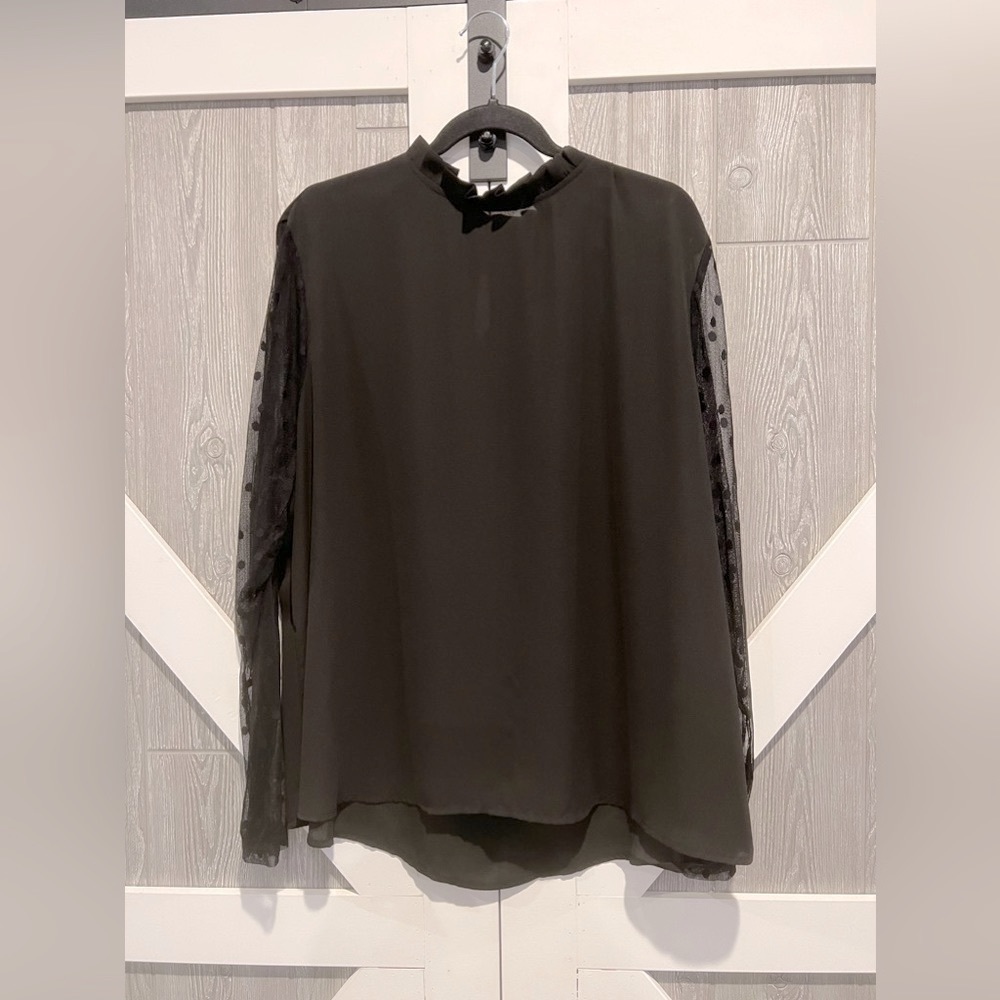 B3.30 Women’s Plus Black Blouse with Polka Dot Sheer Long Sleeves 4XL